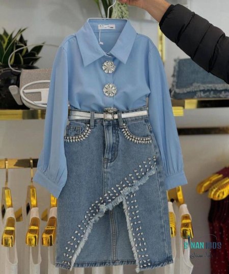 طقم بناتي قميص مع تنورة جينز